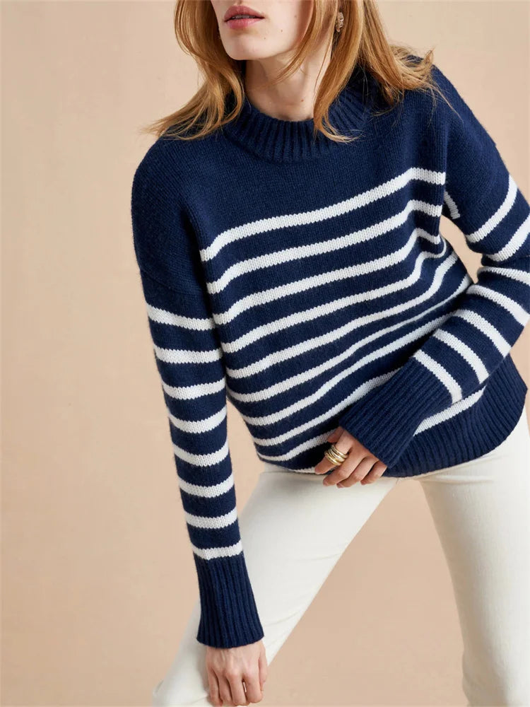 Women’s Striped Cotton Sweater – Relaxed Drop-Shoulder Pullover for Cozy Everyday Style