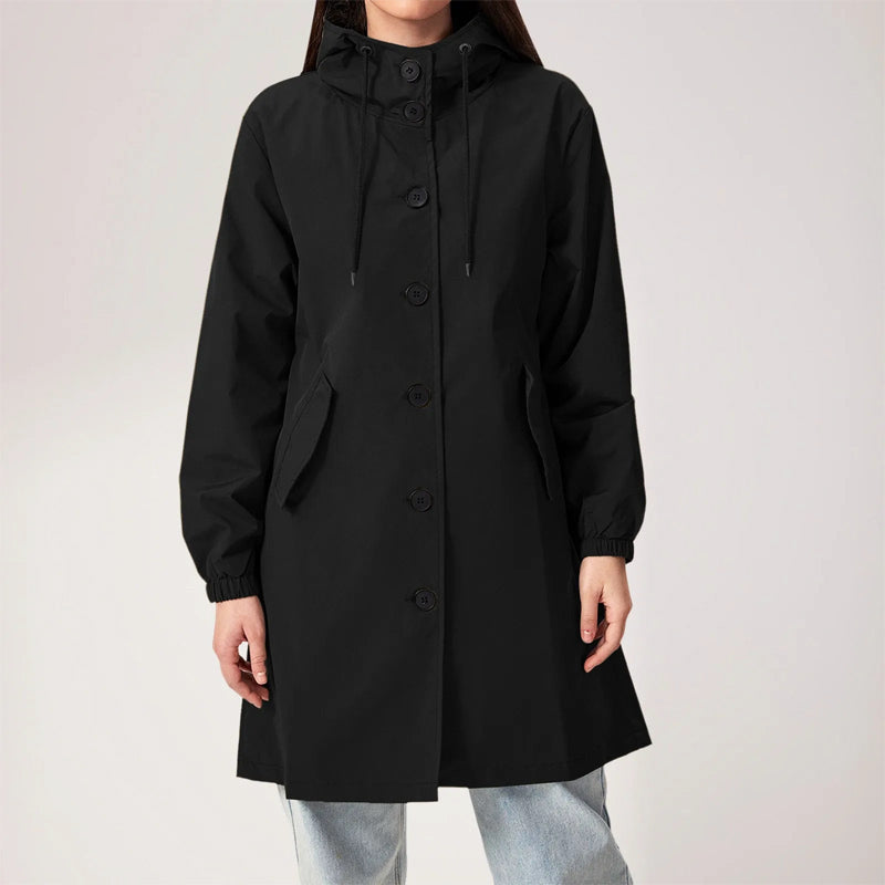 Waterproof Mid-Length Hooded Trench Coat for Women – Classic Button-Up Rain Jacket