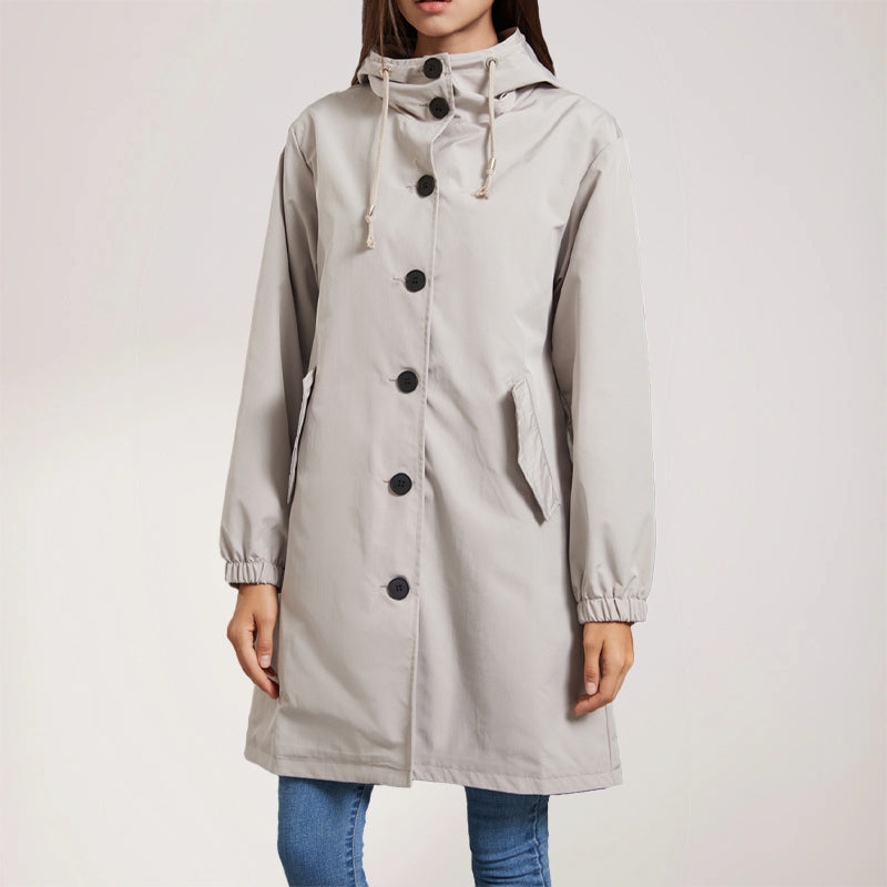 Waterproof Mid-Length Hooded Trench Coat for Women – Classic Button-Up Rain Jacket