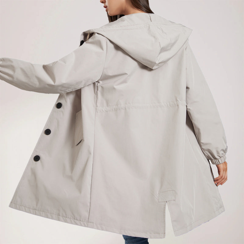 Waterproof Mid-Length Hooded Trench Coat for Women – Classic Button-Up Rain Jacket