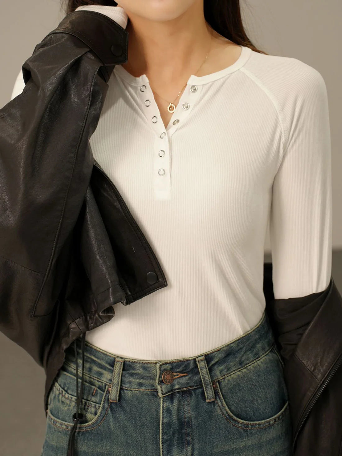 Women’s Ribbed Henley Top – Slim Fit Snap Button Long Sleeve Top