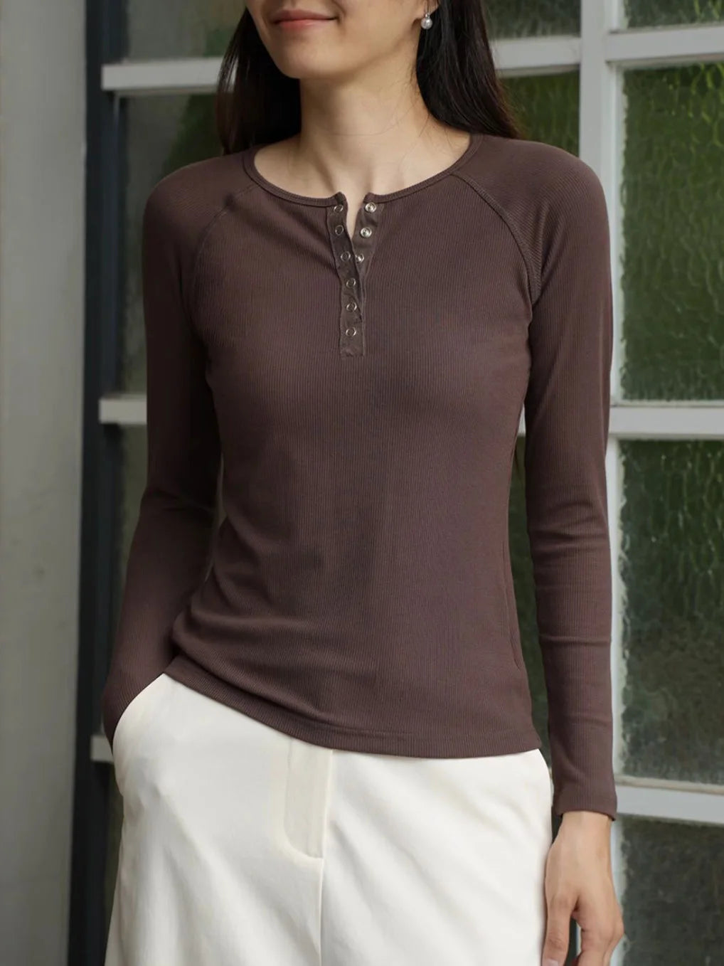Women’s Ribbed Henley Top – Slim Fit Snap Button Long Sleeve Top