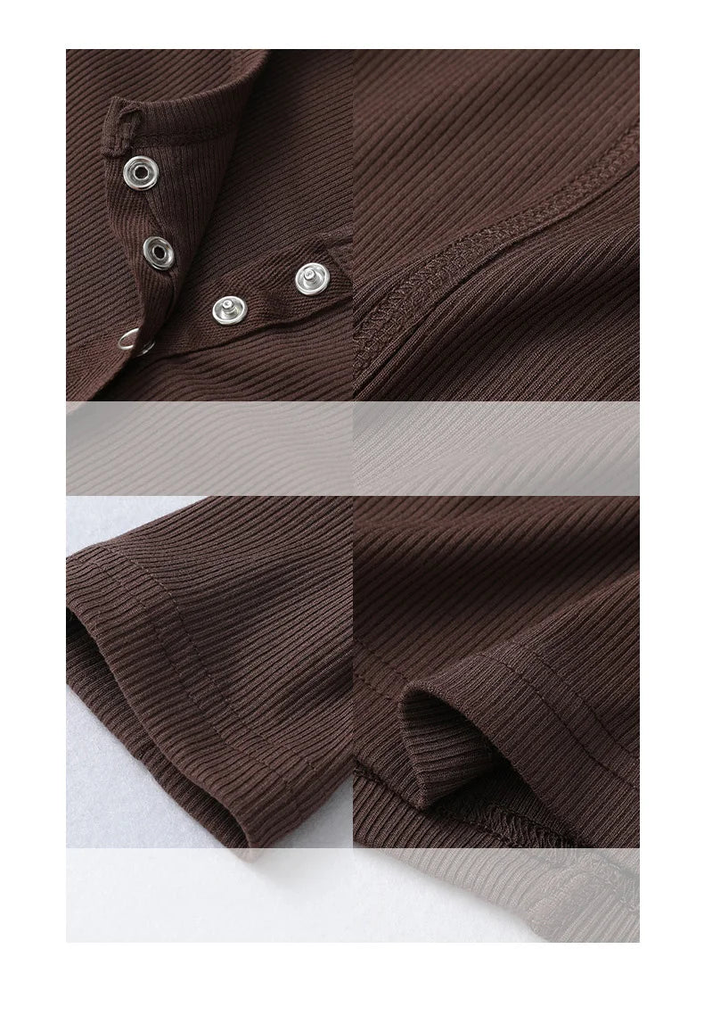Women’s Ribbed Henley Top – Slim Fit Snap Button Long Sleeve Top