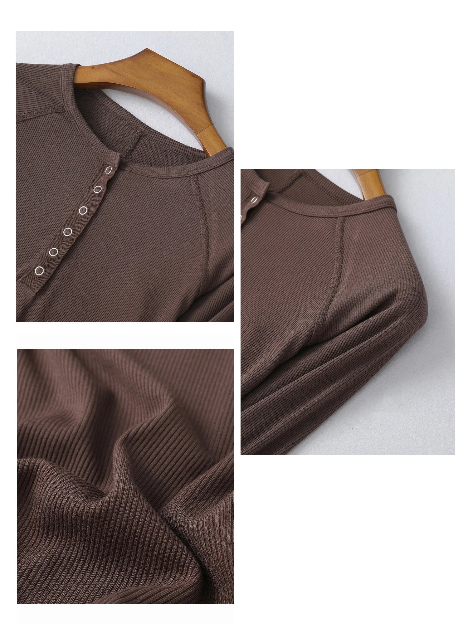 Women’s Ribbed Henley Top – Slim Fit Snap Button Long Sleeve Top
