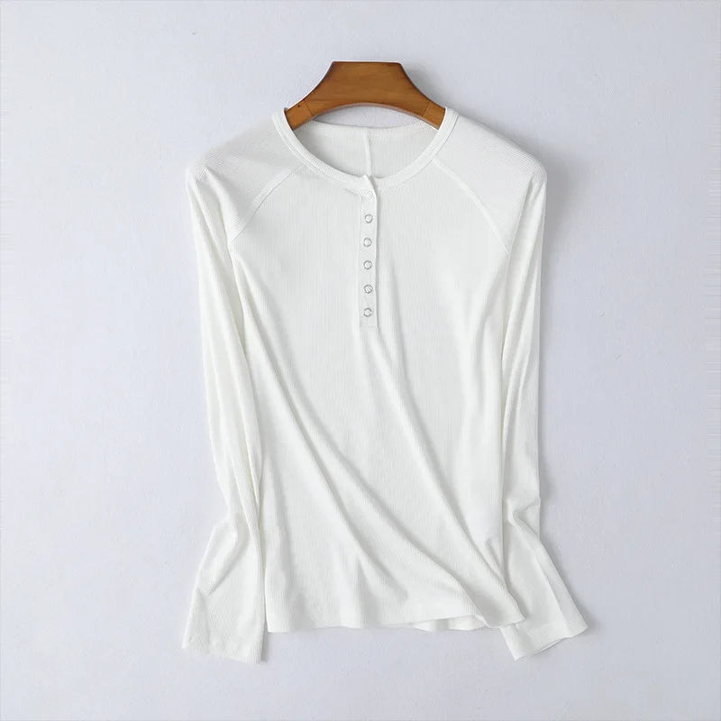 Women’s Ribbed Henley Top – Slim Fit Snap Button Long Sleeve Top