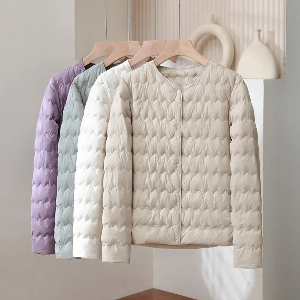 Women’s Collarless Quilted Down Jacket – Lightweight Snap Button Puffer