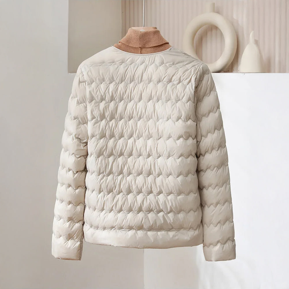 Women’s Collarless Quilted Down Jacket – Lightweight Snap Button Puffer