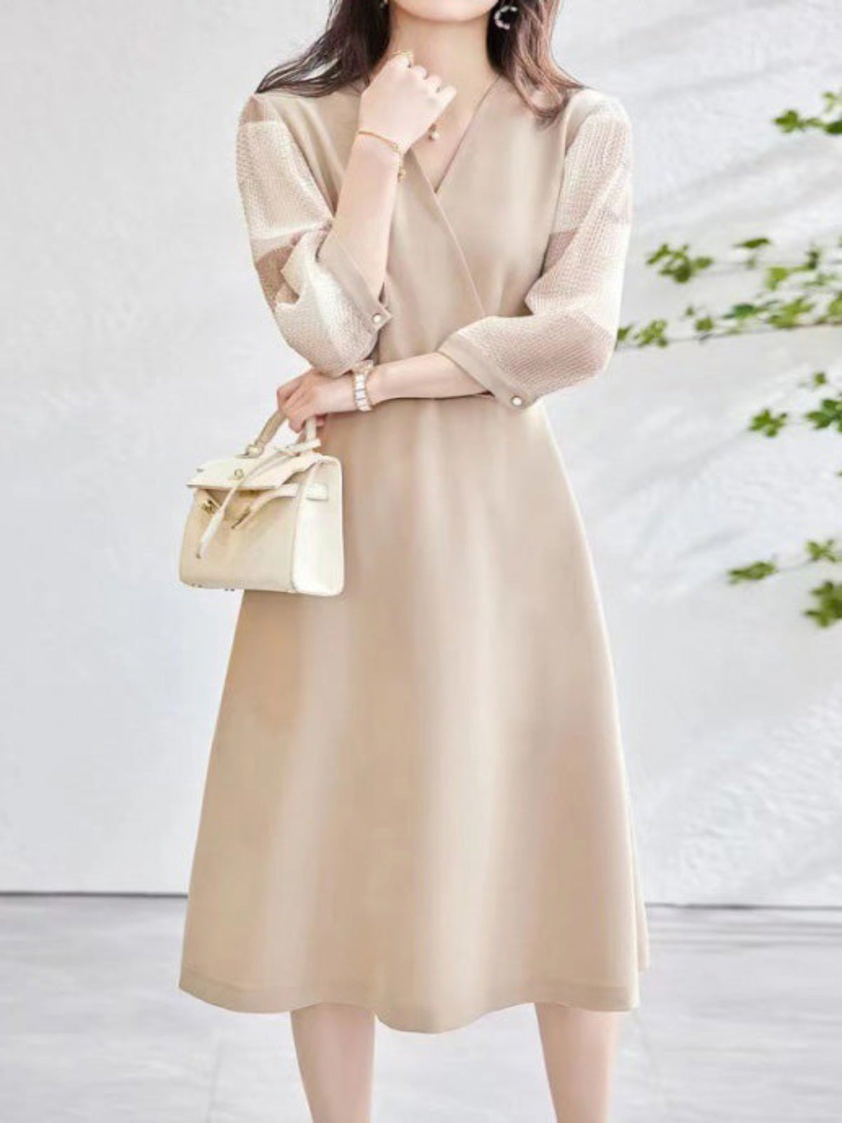 Women’s V Neck Crossover Midi Dress – Sheer Check Belted Occasion Dress