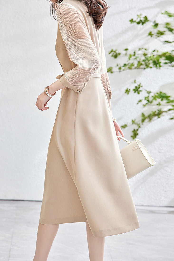 Women’s V Neck Crossover Midi Dress – Sheer Check Belted Occasion Dress