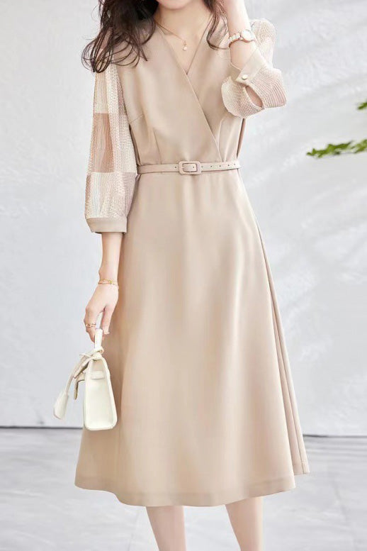 Women’s V Neck Crossover Midi Dress – Sheer Check Belted Occasion Dress
