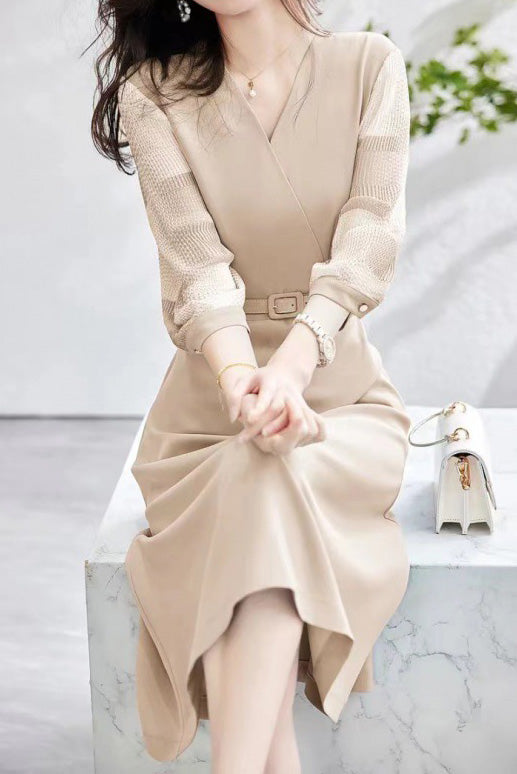 Women’s V Neck Crossover Midi Dress – Sheer Check Belted Occasion Dress