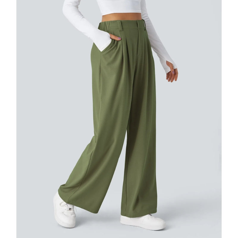 Women’s High-Rise Waffle Knit Pants – Relaxed Wide-Leg Comfort Trousers