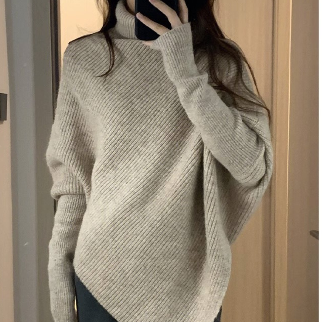 Women’s Asymmetrical Knit Sweater – Relaxed Fit Long Sleeve Top with Soft Drape