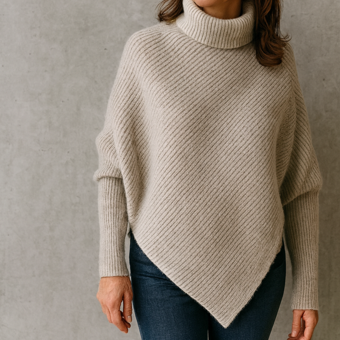 Women’s Asymmetrical Knit Sweater – Relaxed Fit Long Sleeve Top with Soft Drape