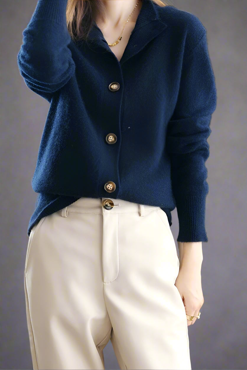 Women’s Button Cardigan – Soft Polyester Knit with Half-High Neck