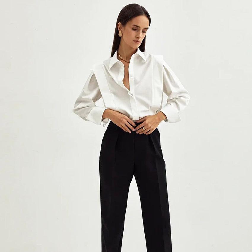 Women’s White Formal Blouse – Tailored Polyester Button-Down Shirt for Work