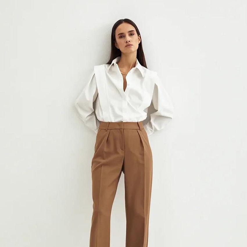 Women’s White Formal Blouse – Tailored Polyester Button-Down Shirt for Work