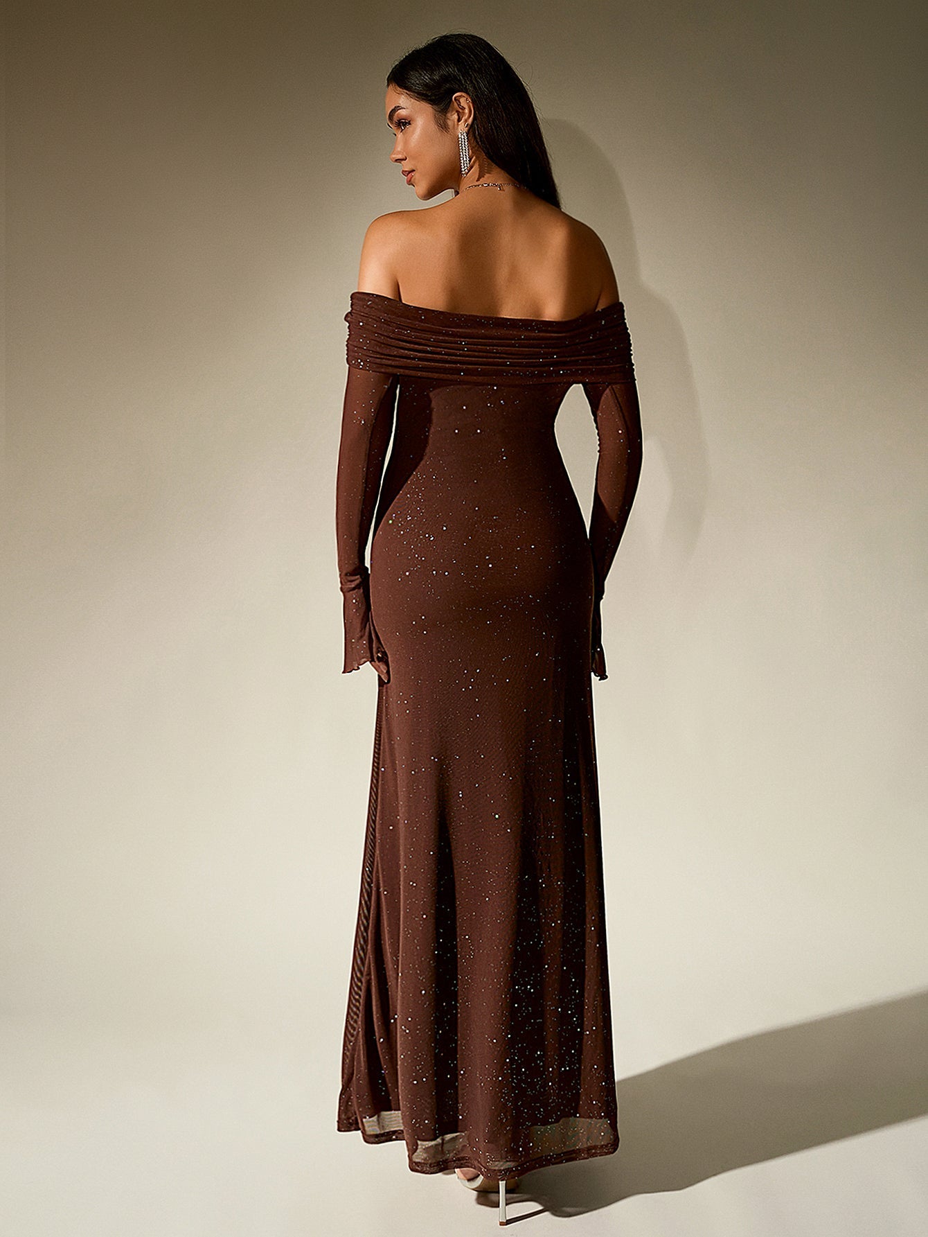 Off Shoulder Mesh Sequin Maxi Dress – Sparkly Slim Fit with Flounce Sleeves