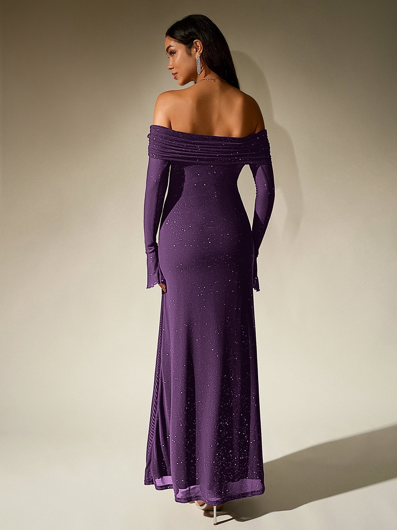 Off Shoulder Mesh Sequin Maxi Dress – Sparkly Slim Fit with Flounce Sleeves