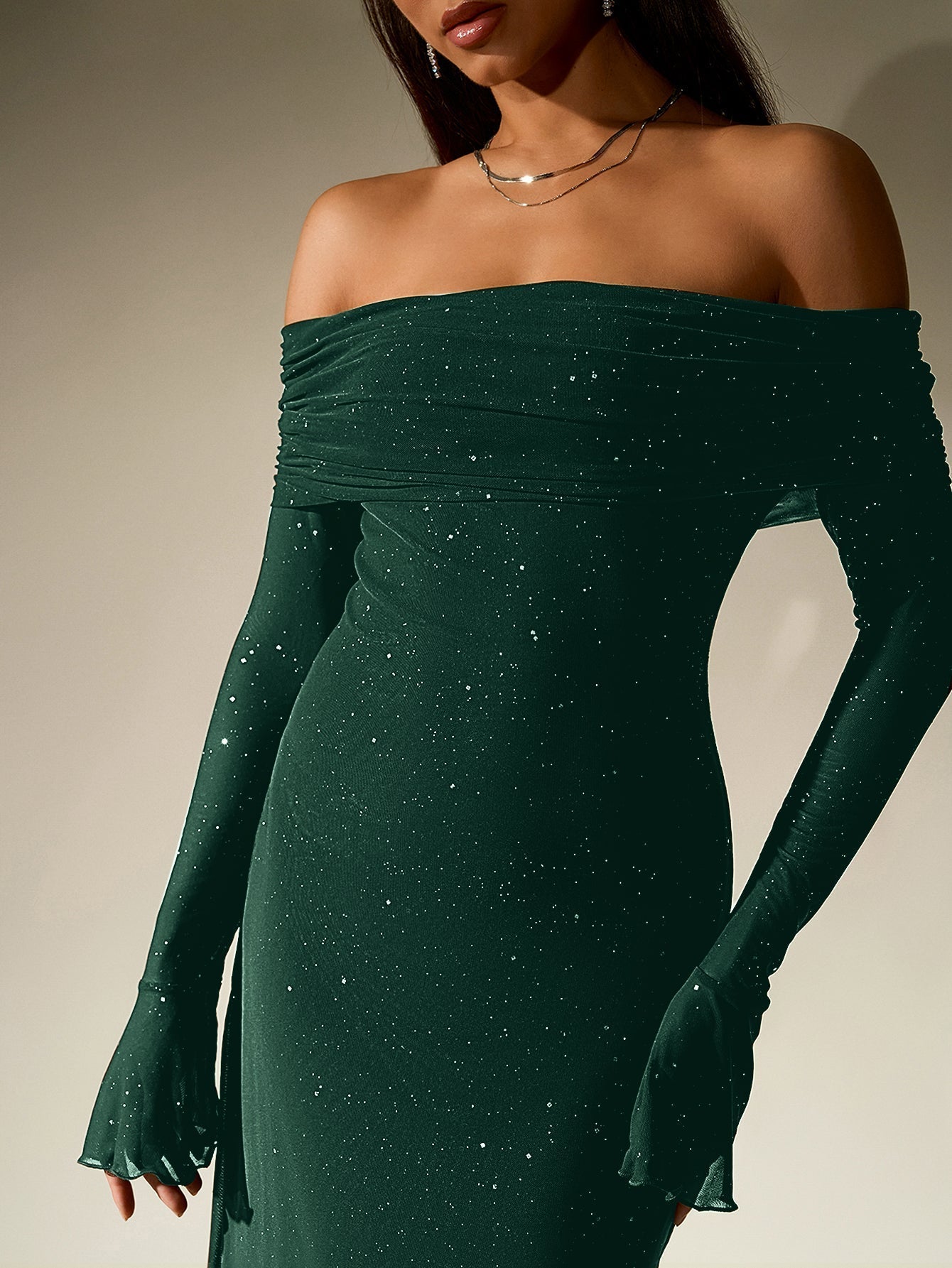 Off Shoulder Mesh Sequin Maxi Dress – Sparkly Slim Fit with Flounce Sleeves