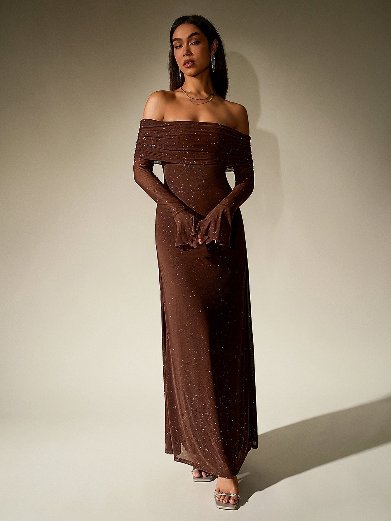 Off Shoulder Mesh Sequin Maxi Dress – Sparkly Slim Fit with Flounce Sleeves