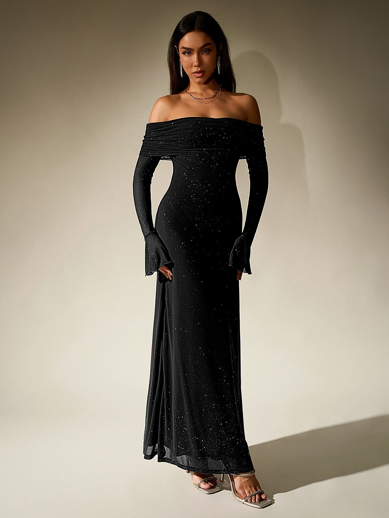 Off Shoulder Mesh Sequin Maxi Dress – Sparkly Slim Fit with Flounce Sleeves