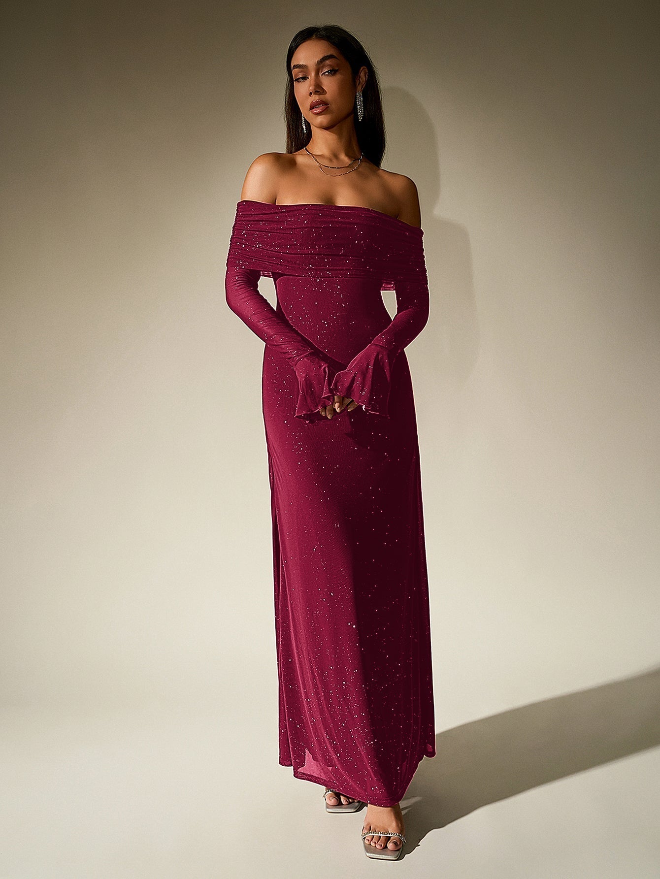 Off Shoulder Mesh Sequin Maxi Dress – Sparkly Slim Fit with Flounce Sleeves