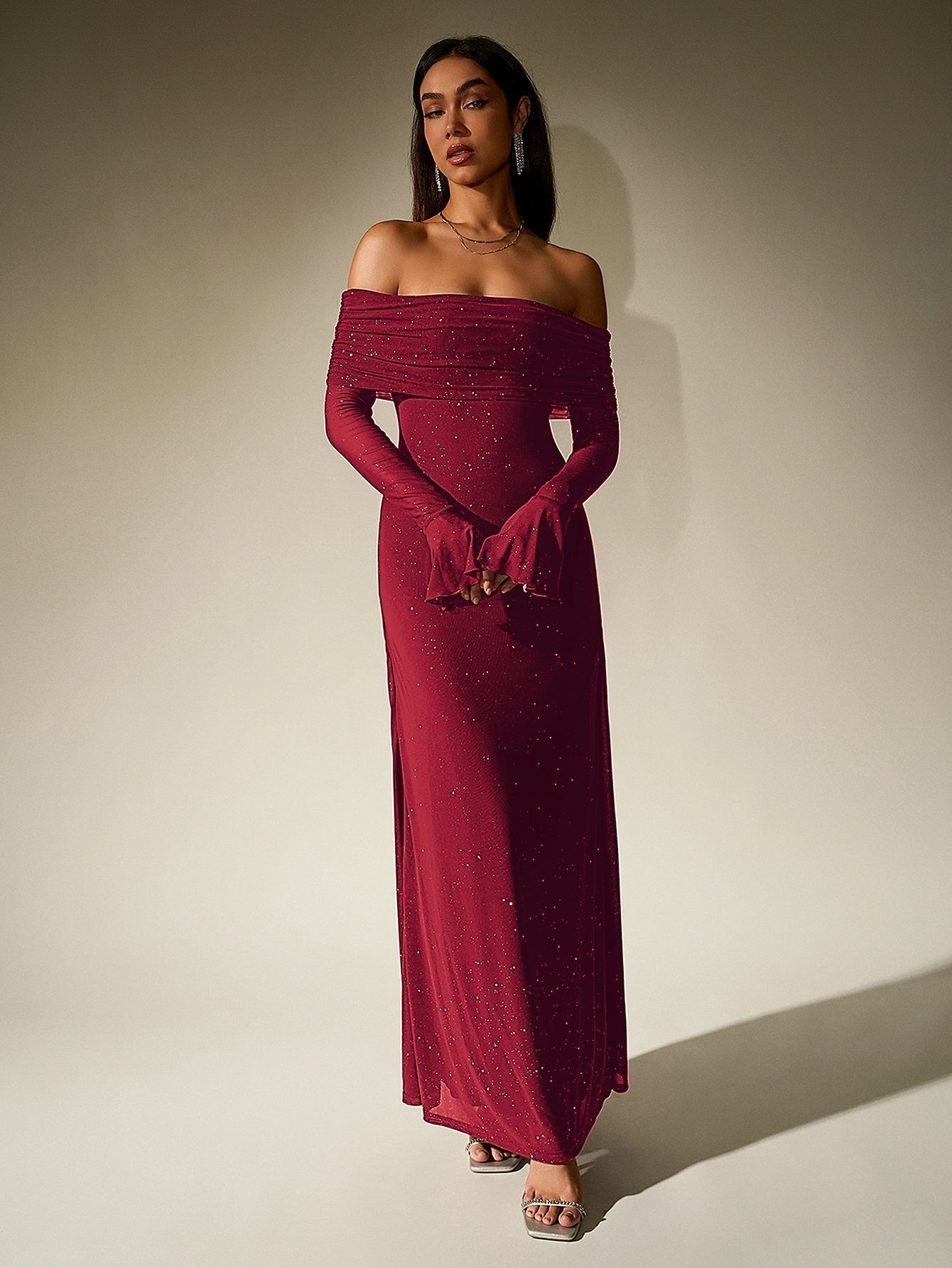 Off Shoulder Mesh Sequin Maxi Dress – Sparkly Slim Fit with Flounce Sleeves