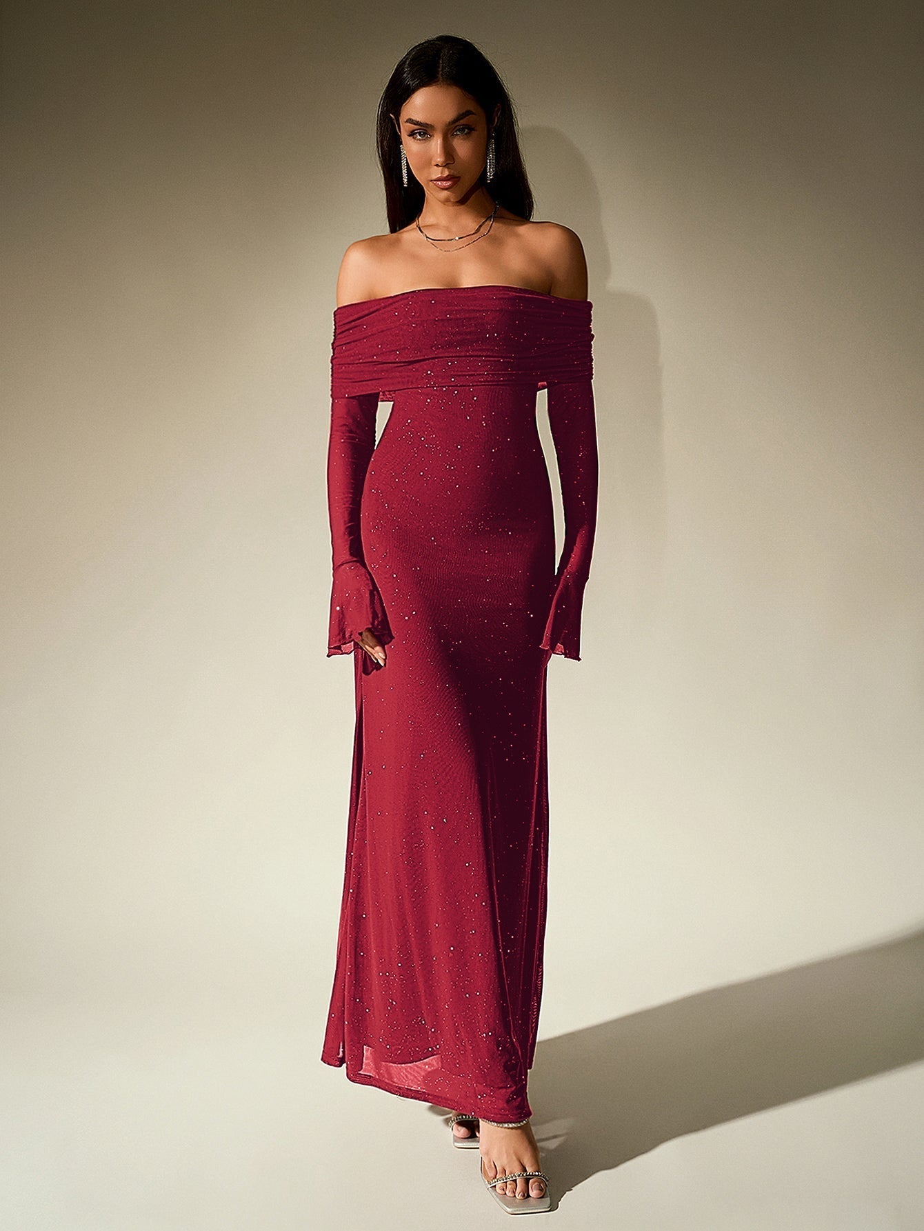 Off Shoulder Mesh Sequin Maxi Dress – Sparkly Slim Fit with Flounce Sleeves