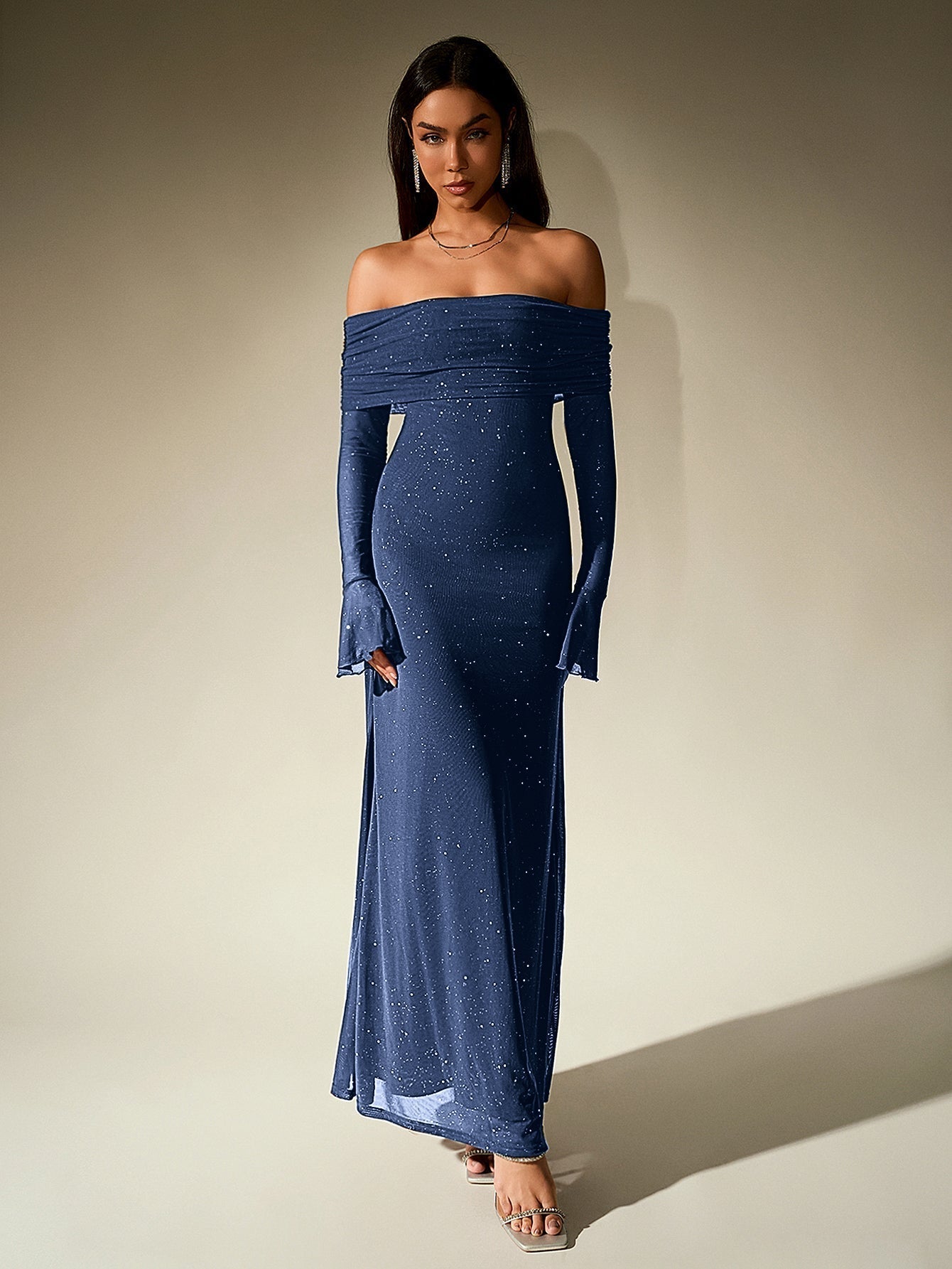 Off Shoulder Mesh Sequin Maxi Dress – Sparkly Slim Fit with Flounce Sleeves
