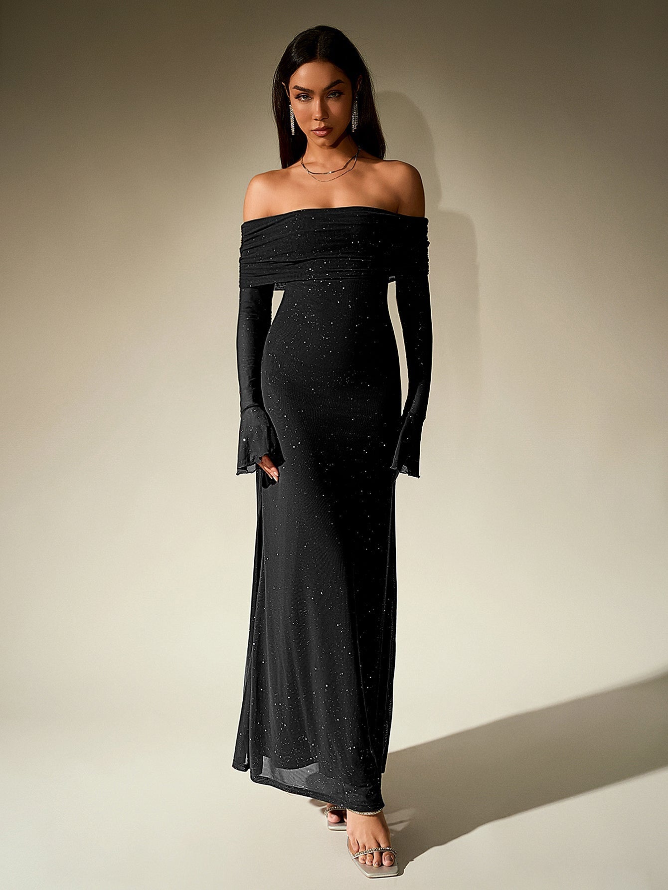Off Shoulder Mesh Sequin Maxi Dress – Sparkly Slim Fit with Flounce Sleeves
