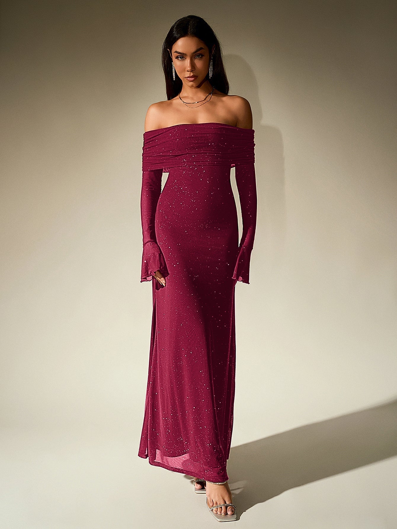 Off Shoulder Mesh Sequin Maxi Dress – Sparkly Slim Fit with Flounce Sleeves
