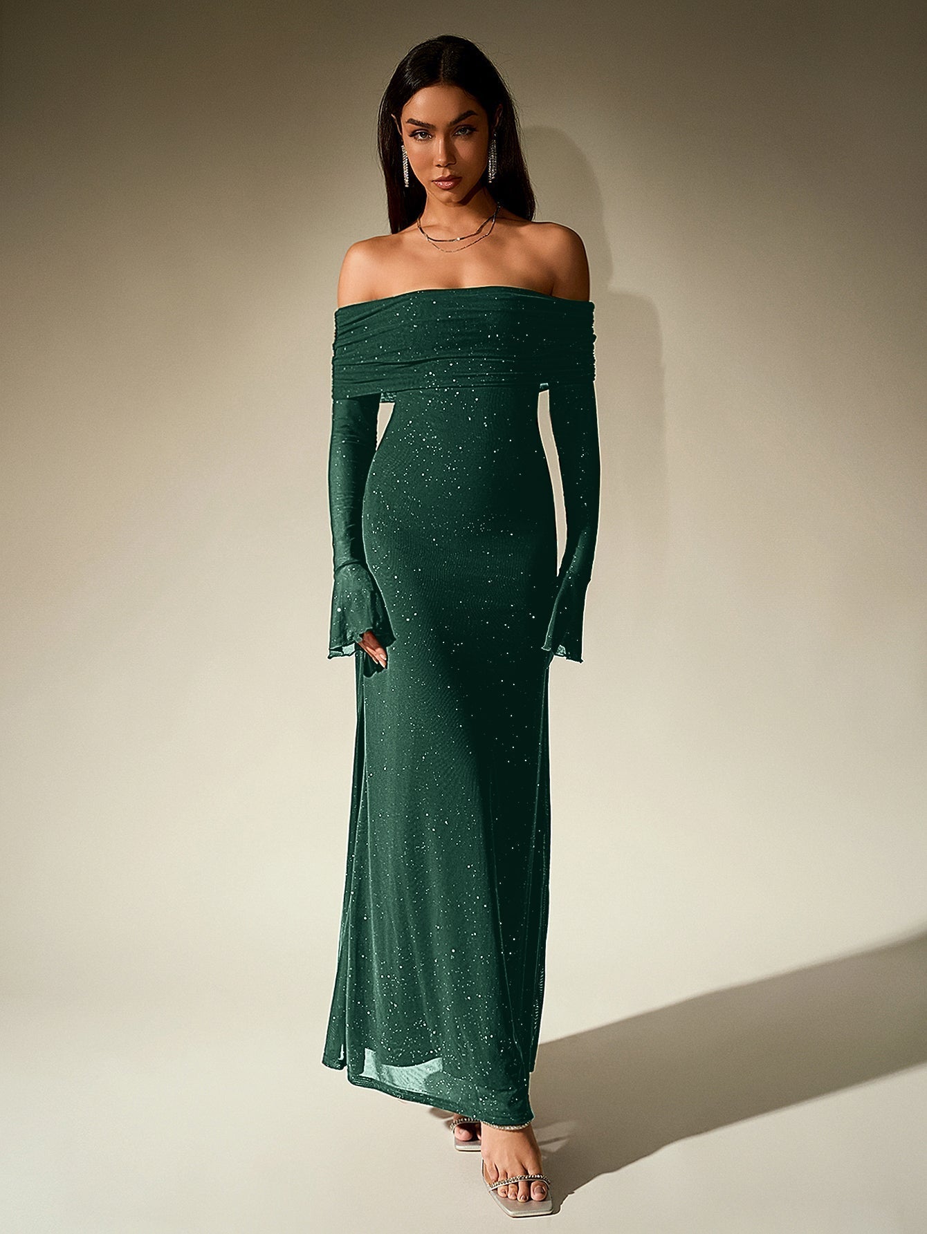 Off Shoulder Mesh Sequin Maxi Dress – Sparkly Slim Fit with Flounce Sleeves