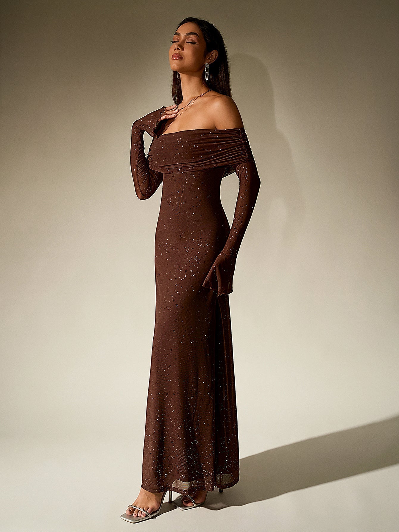 Off Shoulder Mesh Sequin Maxi Dress – Sparkly Slim Fit with Flounce Sleeves
