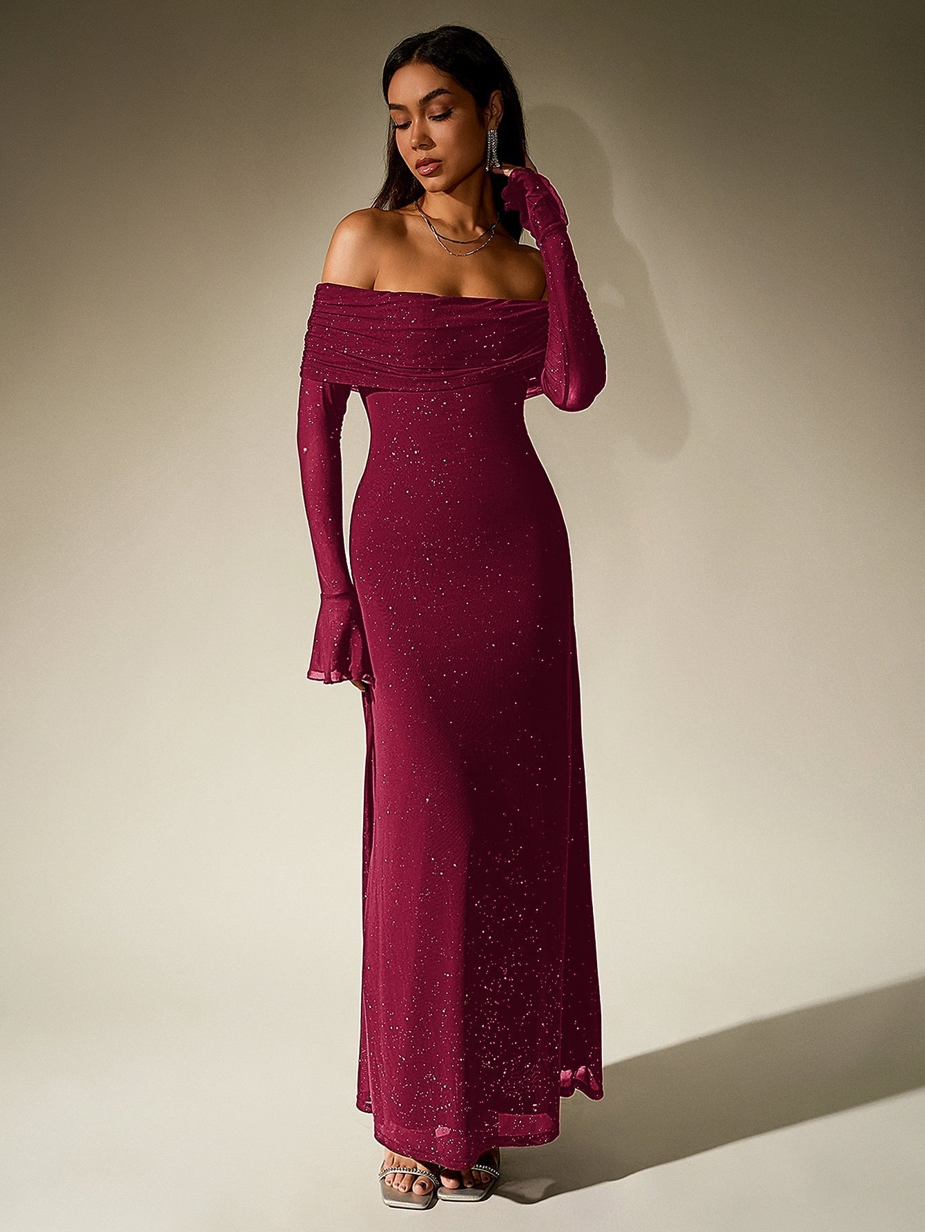 Off Shoulder Mesh Sequin Maxi Dress – Sparkly Slim Fit with Flounce Sleeves