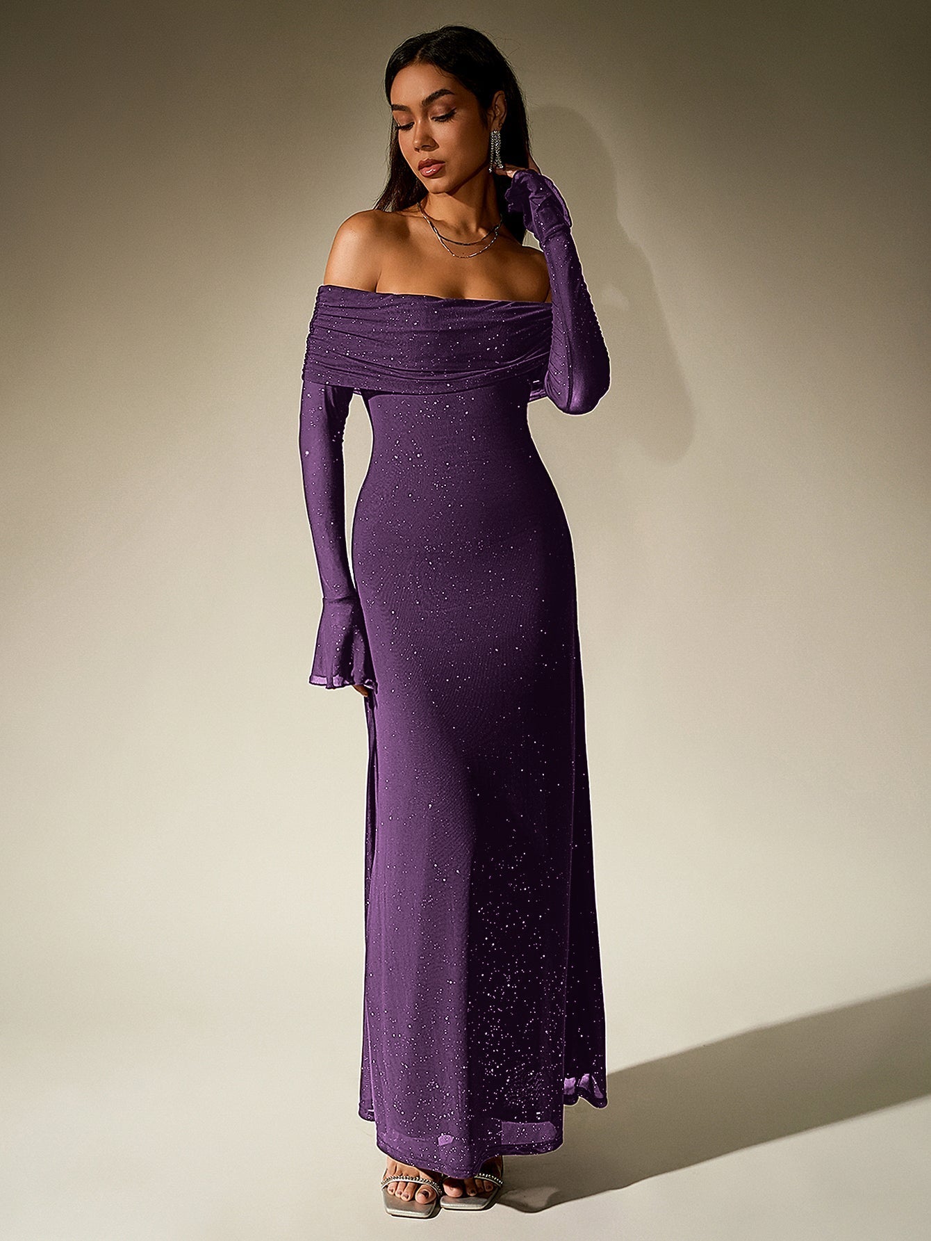 Off Shoulder Mesh Sequin Maxi Dress – Sparkly Slim Fit with Flounce Sleeves