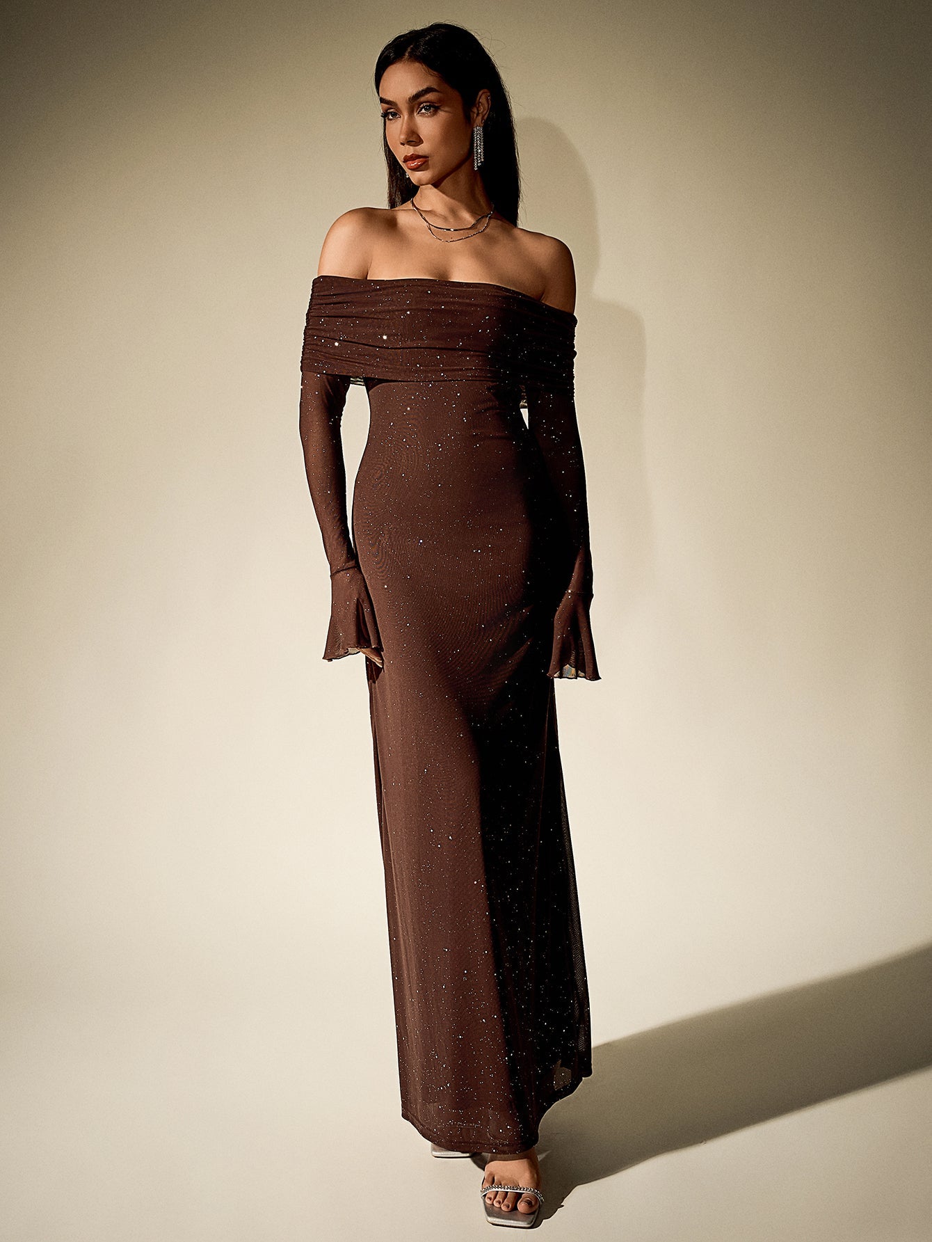 Off Shoulder Mesh Sequin Maxi Dress – Sparkly Slim Fit with Flounce Sleeves
