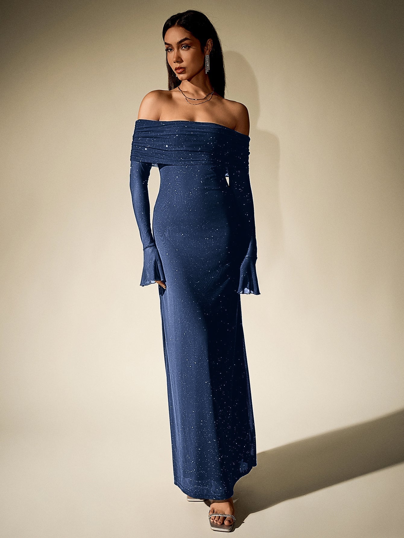 Off Shoulder Mesh Sequin Maxi Dress – Sparkly Slim Fit with Flounce Sleeves