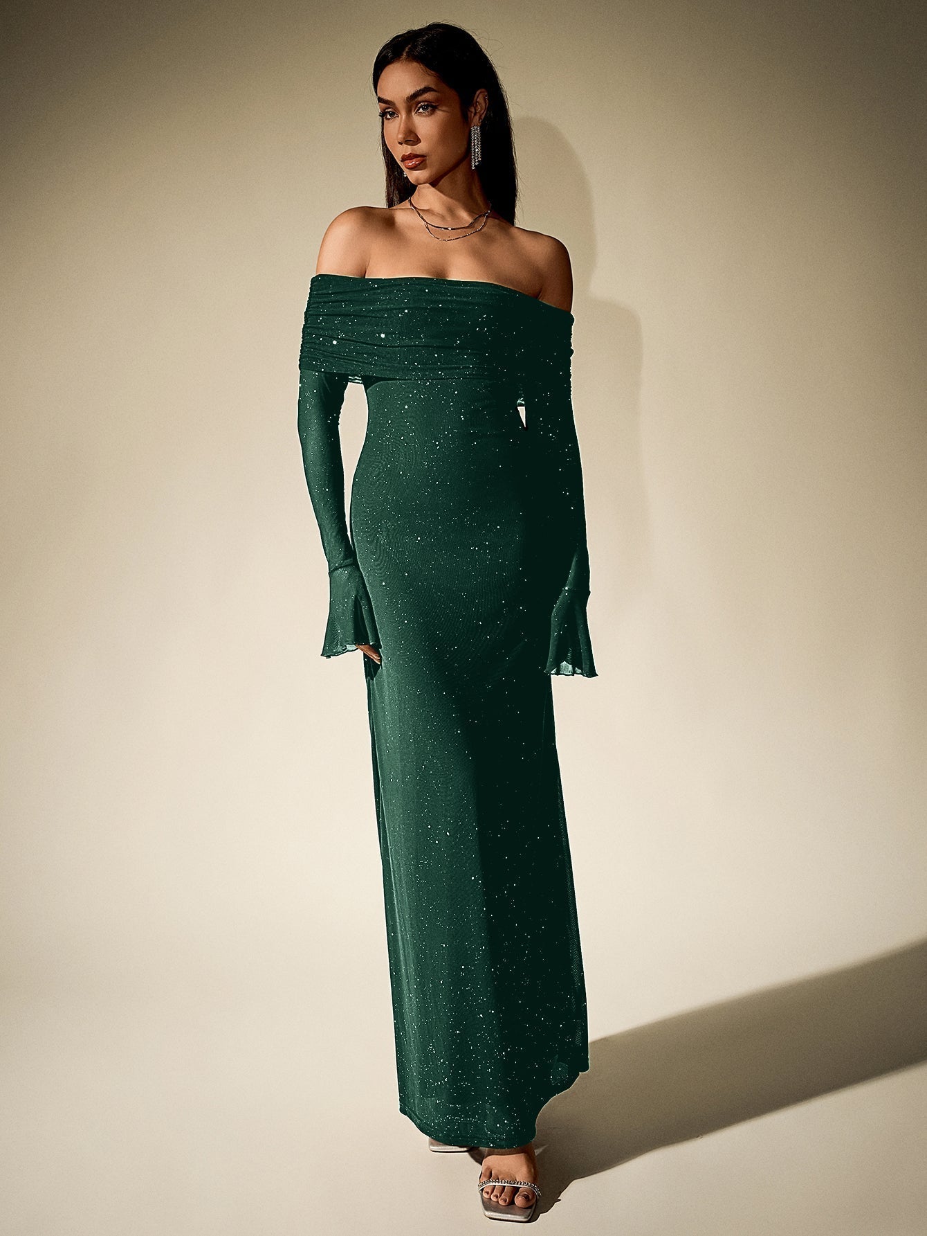 Off Shoulder Mesh Sequin Maxi Dress – Sparkly Slim Fit with Flounce Sleeves