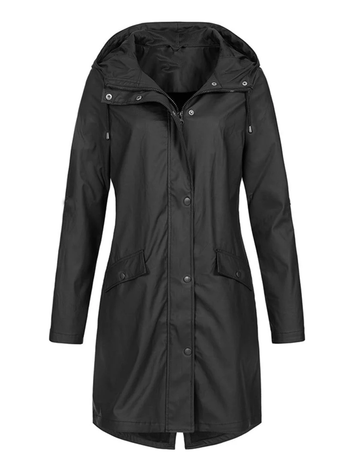 Hooded Raincoat for Women – Lightweight Knee-Length Jacket with Zip and Snap Closure for Spring and Autumn
