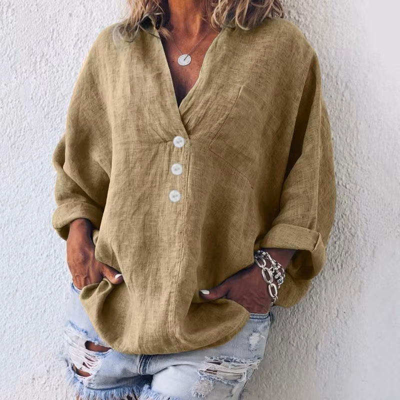 Oversized Button Blouse for Women – Relaxed Fit Polyester Shirt with V-Neck and Asymmetrical Buttons