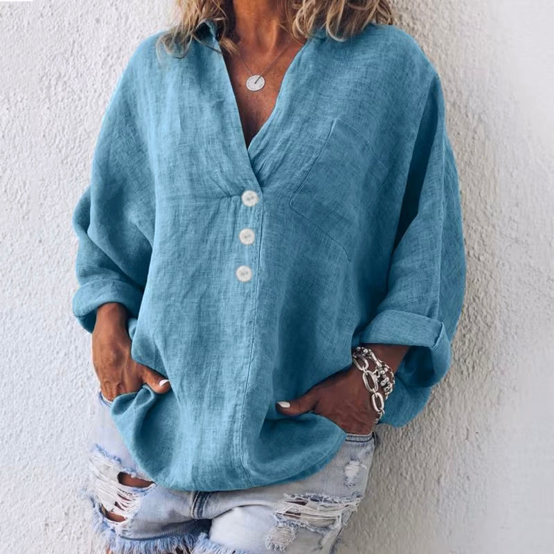 Oversized Button Blouse for Women – Relaxed Fit Polyester Shirt with V-Neck and Asymmetrical Buttons