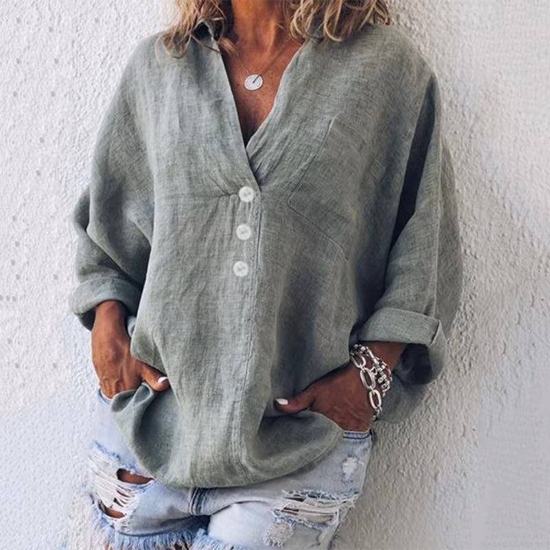 Oversized Button Blouse for Women – Relaxed Fit Polyester Shirt with V-Neck and Asymmetrical Buttons