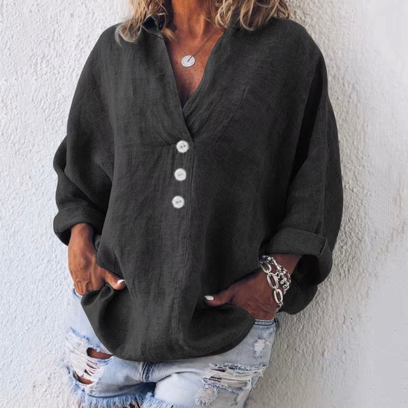 Oversized Button Blouse for Women – Relaxed Fit Polyester Shirt with V-Neck and Asymmetrical Buttons