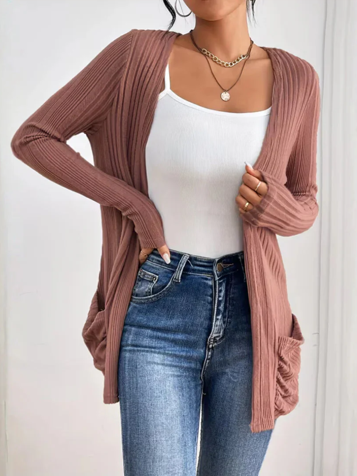Women’s Ribbed Knit Cardigan – Open Front Relaxed Fit Layering Essential