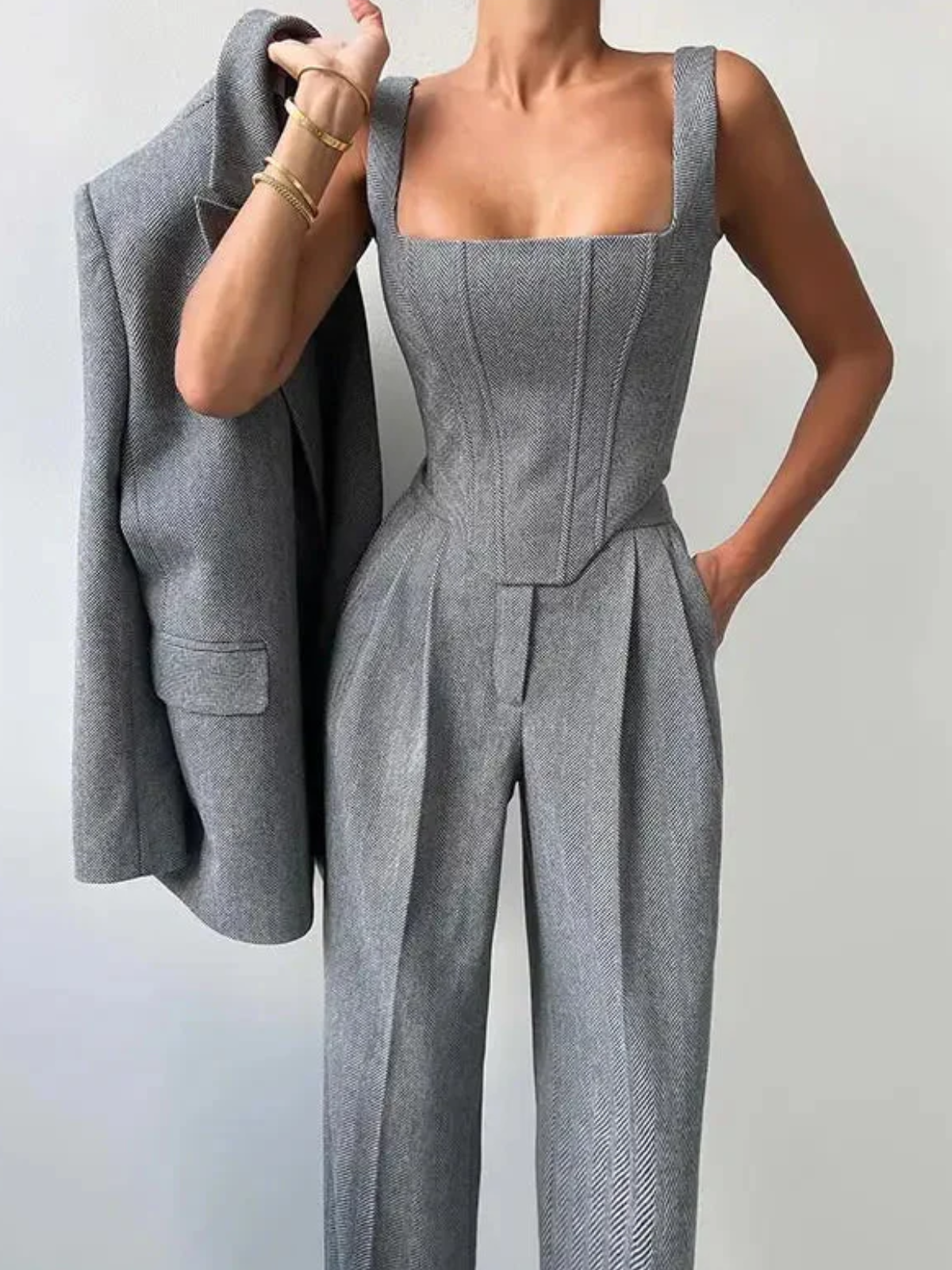 Women’s 3 Piece Suit Set – Tailored Blazer, Corset Top & High Waisted Trousers
