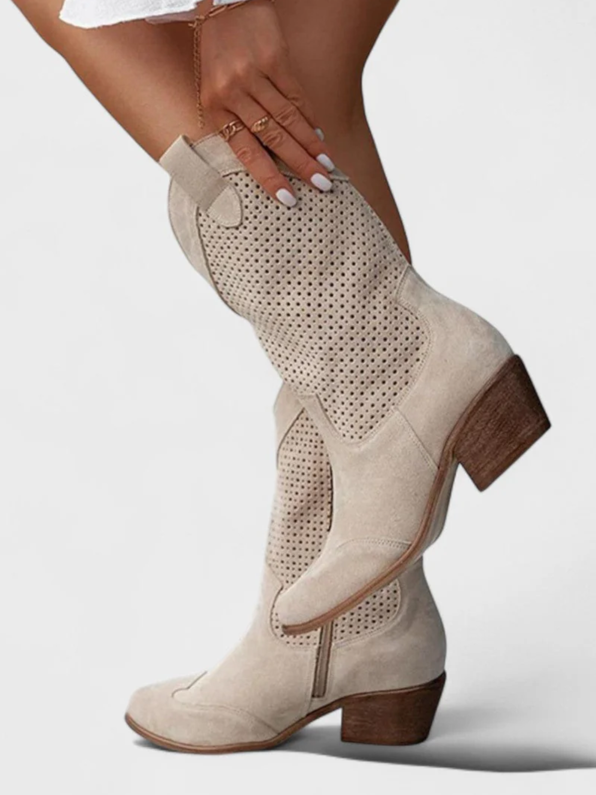 Women’s Western Ankle Boots – Perforated Suede Style Low Heel Pull-On Boots