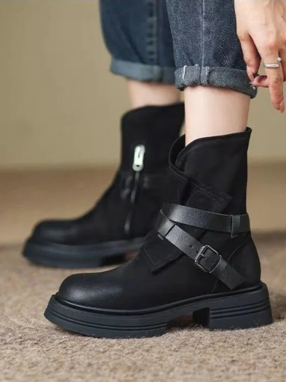 Women’s Leather Moto Ankle Boots – Buckle Strap Biker Boots with Rubber Sole
