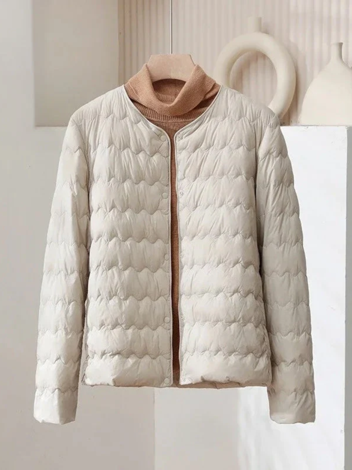 Women’s Collarless Quilted Down Jacket – Lightweight Snap Button Puffer