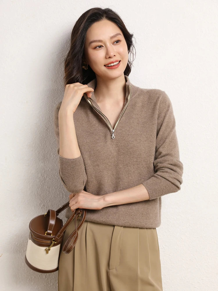 Cashmere Blend Half-Zip Jumper for Women – Soft Wool Knit Winter Layer
